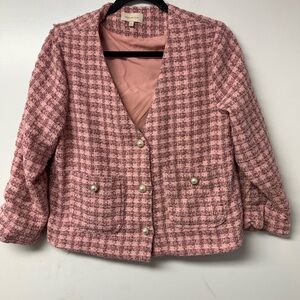 Skies Are Blue Pink Tweed Cropped Blazer Pearl Button Bouclé Jacket Small Preppy